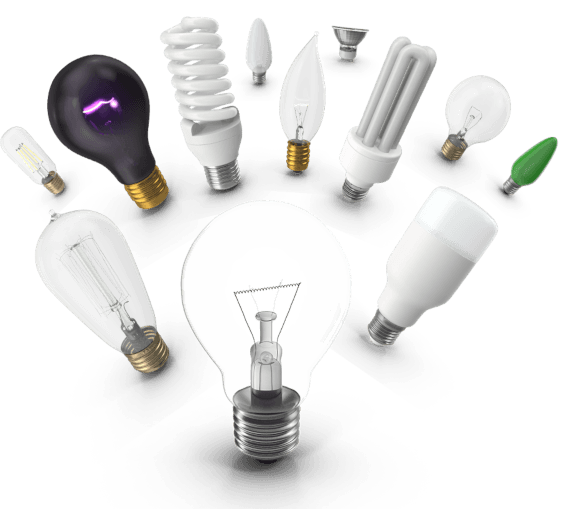 An assortment of light bulbs, each with its own shape, color, and size.