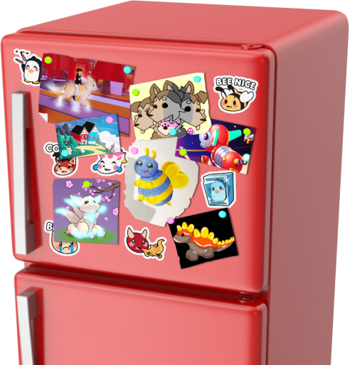 A refrigerator with Adopt Me stickers and fan art on the top door
