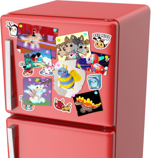 A refrigerator with Adopt Me stickers and fan art on the top door