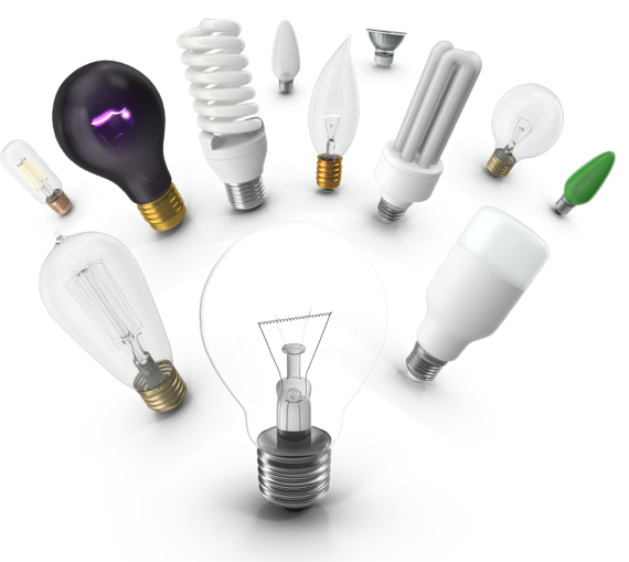 An assortment of light bulbs, each with its own shape, color, and size.