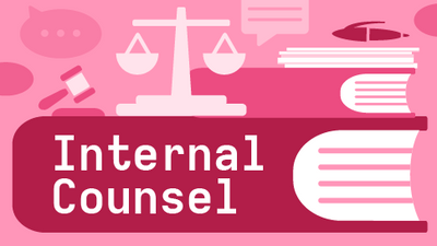A stylized illustration of a stack of thick textbooks. Atop the largest book is a scale and a gavel. The spine of the largest book reads "Internal Counsel."
