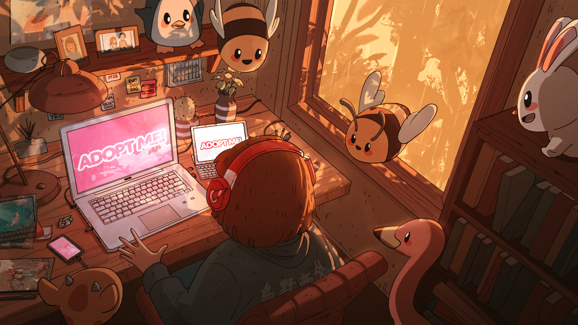 A stylized illustration of someone working from a home office. They are surrounded by various Adopt Me pets, including bees, rabbits, penguins, and flamingos. In front of them is a busy wooden desk, with a phone, tablet, and laptop that all have "Adopt Me!" across their screens.