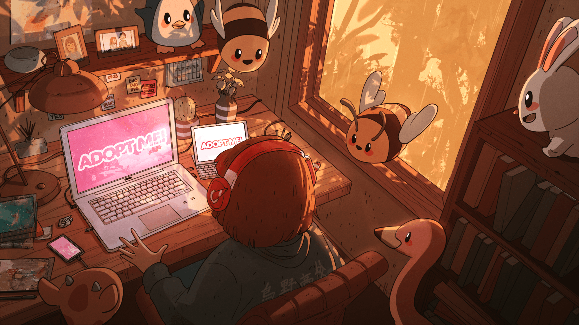 A stylized illustration of someone working from a home office. They are surrounded by various Adopt Me pets, including bees, rabbits, penguins, and flamingos. In front of them is a busy wooden desk, with a phone, tablet, and laptop that all have "Adopt Me!" across their screens.