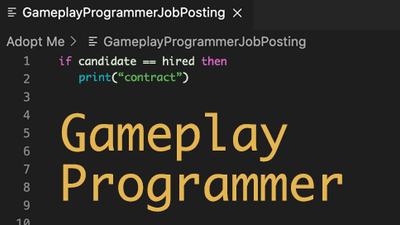 A snippet of programmer code that reads: 'If candidate == hire then print("contract")' Below the code snippet is a large banner readomg Gameplay Programmer.