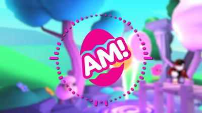 A bright pink egg icon with the letters A and AM in white is in the center of the image, framed by a pink circle represeting music waveform. The background is blurred but depicts a serene spring setting.