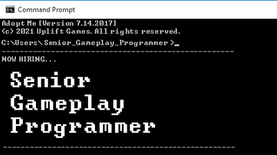 An old-school style computer terminal. The readout from the most recent line is: "NOW HIRING... Senior Gameplay Programmer."