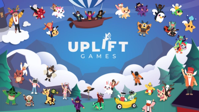 A large-group photo of over 30 avatars of employees at Uplift Games. The various avatars are sitting on the ground waving, or flying on animals in the sky and clouds smiling. Prominently featured are the avatars for Bethink and NewFissy.