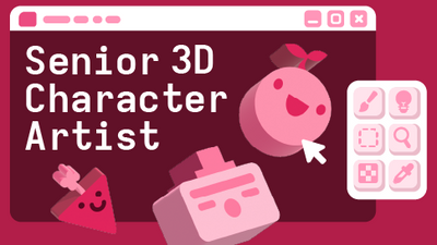 A stylized illustration of a computer program window with various 3D avatars popping out of the page. Behind the characters is the text: "Senior 3D Character Artist."