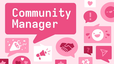 Various symbols including a laughing emoji, heart, exclamation mark, loudhailer, 'post' button and two hands shaking.  Also, the text 'Community Manager'