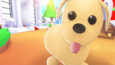 A in-game screenshot of an yellow Adopt Me dog sitting on a patch of dirt. It is staring at the camera with its tongue out. 